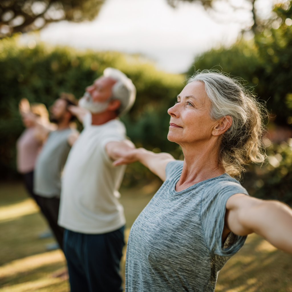 Middle-aged adults practicing gentle stretching and mobility exercises in natural outdoor setting
